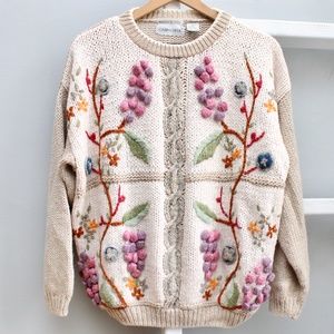  Cabin Creek Vintage Grandmcore Floral Grape Vine  Embroidery Knit Sweater XL